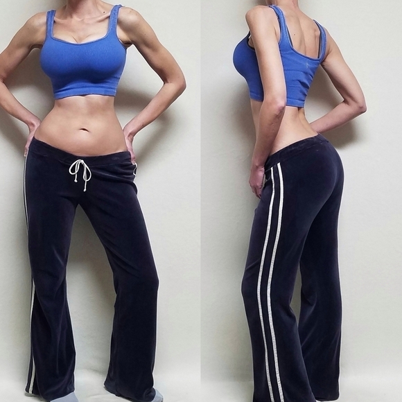 Vintage 90s Cute Girl Royal Blue Velour White Striped Low Rise Flare Track Pants - Picture 1 of 11